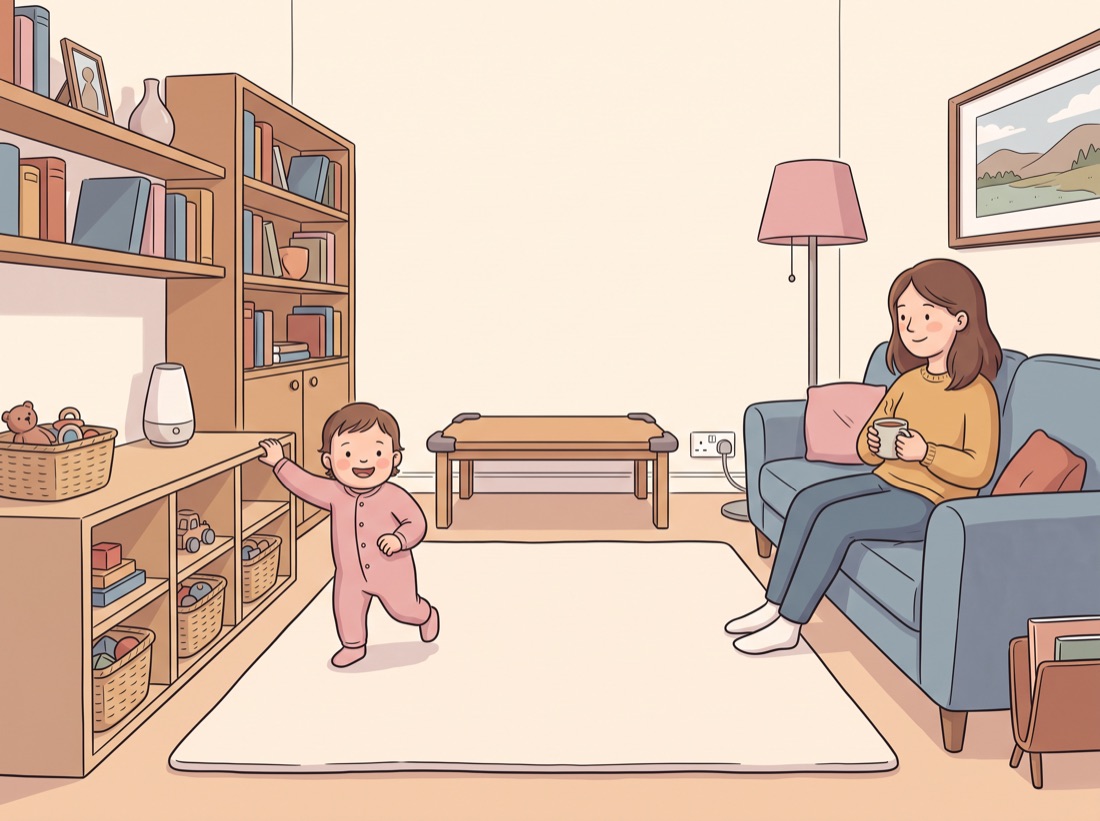 Le même enfant marchant au sol en sécurité, sa mère détendue sur le canapé