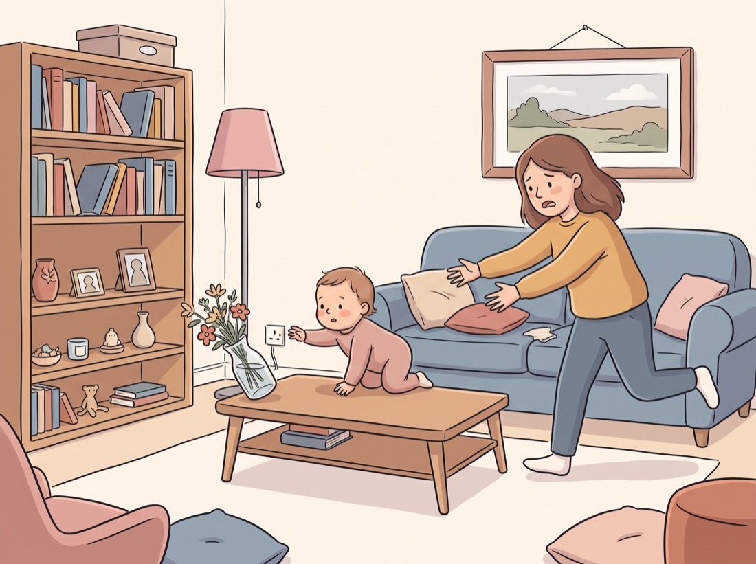 Un tout-petit grimpé sur la table basse vers une prise, sa mère inquiète accourt
